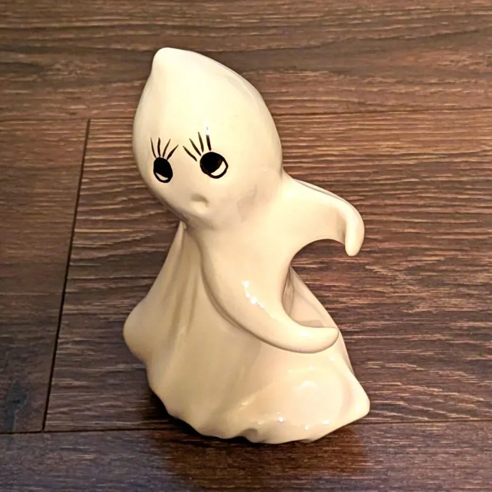 White Ceramic Ghost Taper Candle Holder Figurine - Glossy 3D Effect